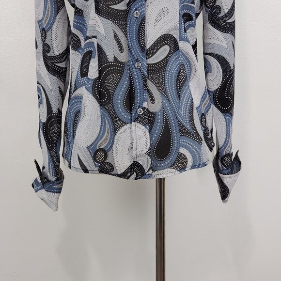 New York & Company Gray Blue Black Paisley French Cuff Retro Top Blouse Size XS - Picture 3 of 13